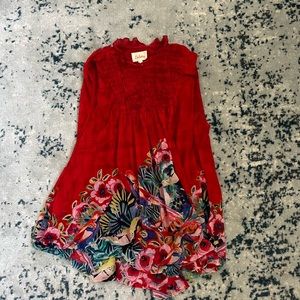 Anthropologie Deletta Womens Epona Top Size Small Red Smocked Floral Bird Print